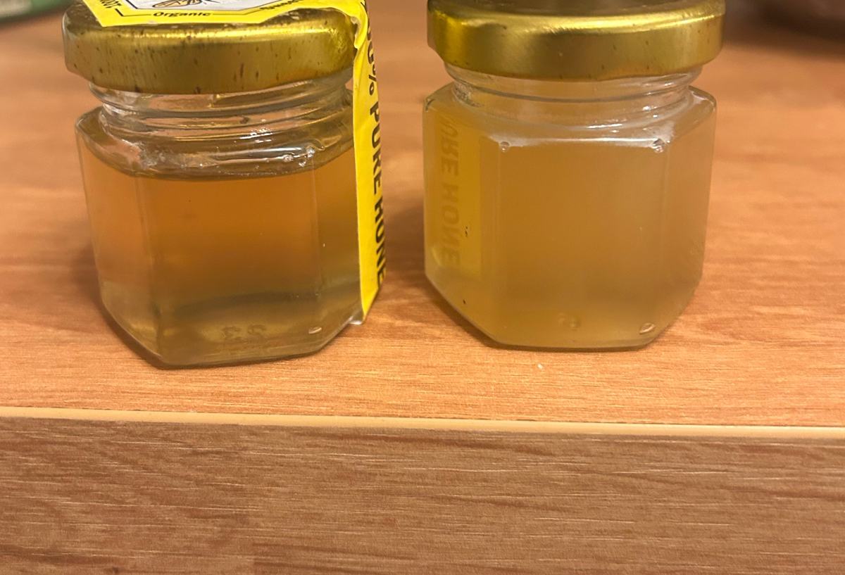 Two finished jars from this batch, one crystal clear and one beginning to set