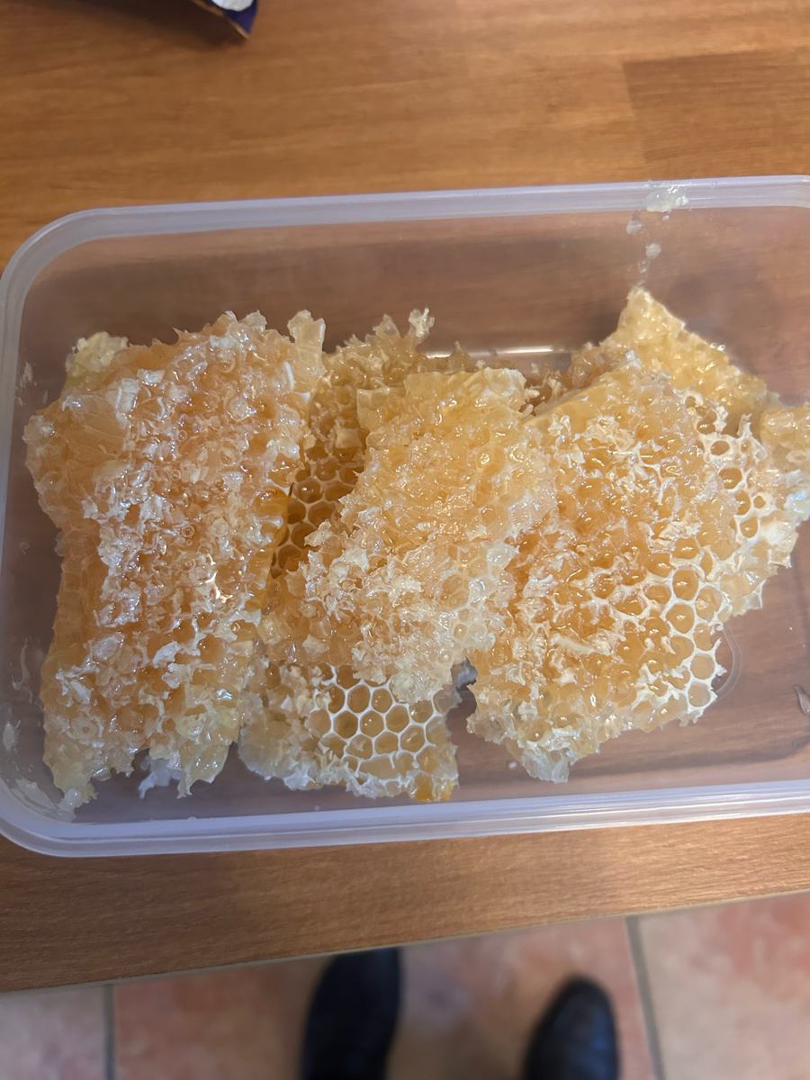 A tray of golden beeswax cappings drained after uncapping